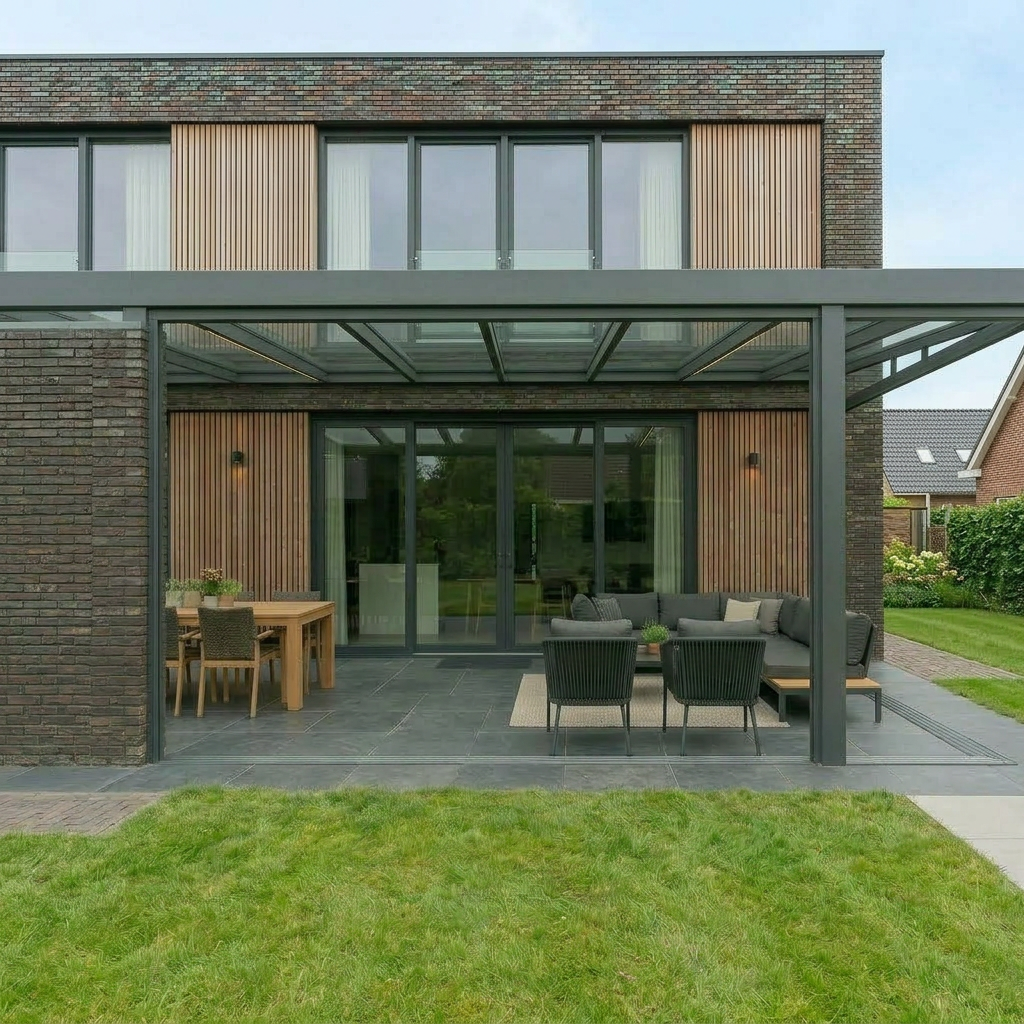 Modern house patio with glass pergola, outdoor seating, and garden